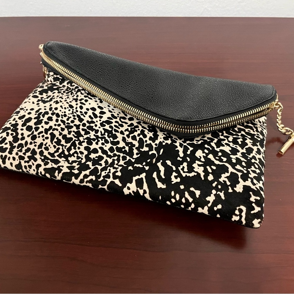 Black & White Real Calf Hair & Leather Convertible Purse Clutch Henri Bendel